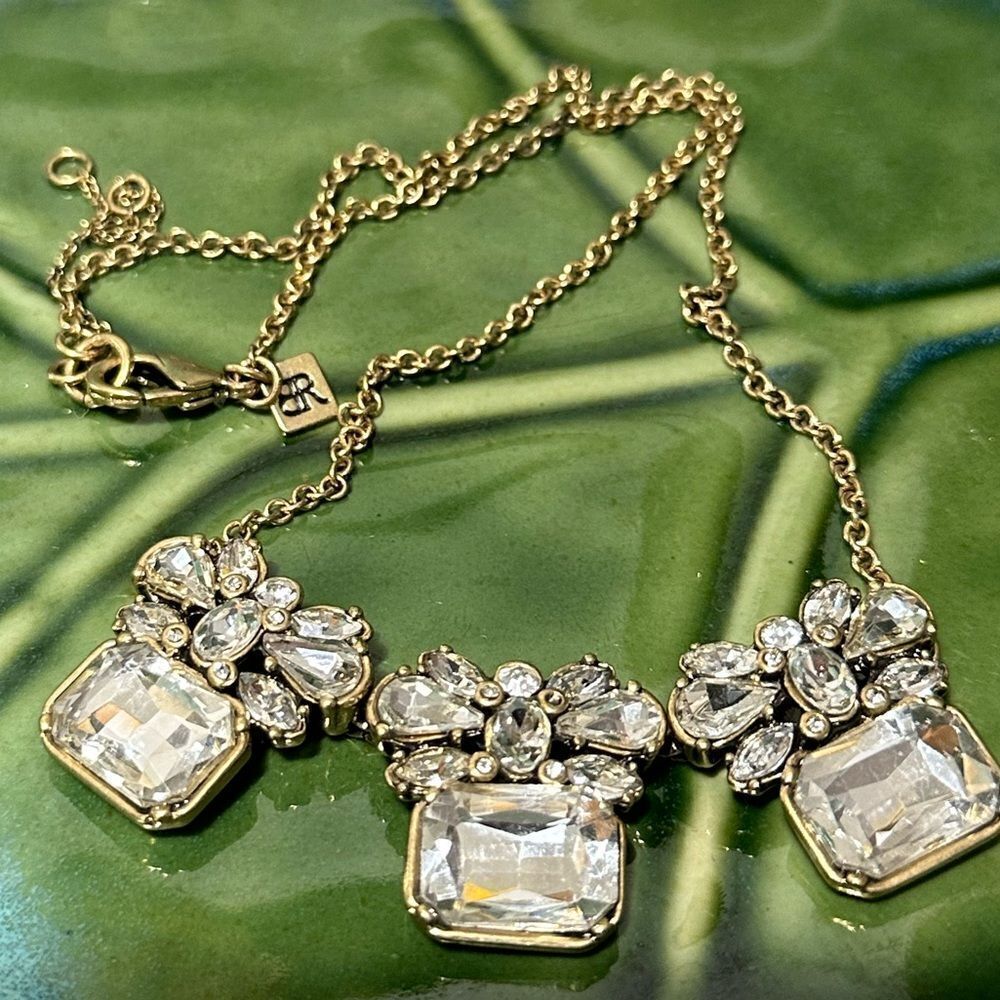 VTG Banana Republic Rhinestone Necklace 16” Gold/Brass Tone Triple Drop Signed